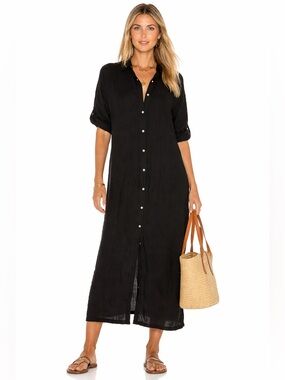 Pistache Linen Shirt Dress Black Made in Italy Relaxed Minimalist Midi